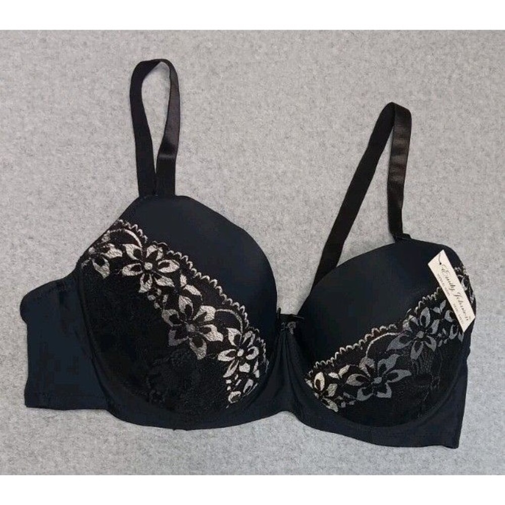 NWT! Emily Johnson Padded Underwire Floral Lace Bra 44DD Black Silver Contour